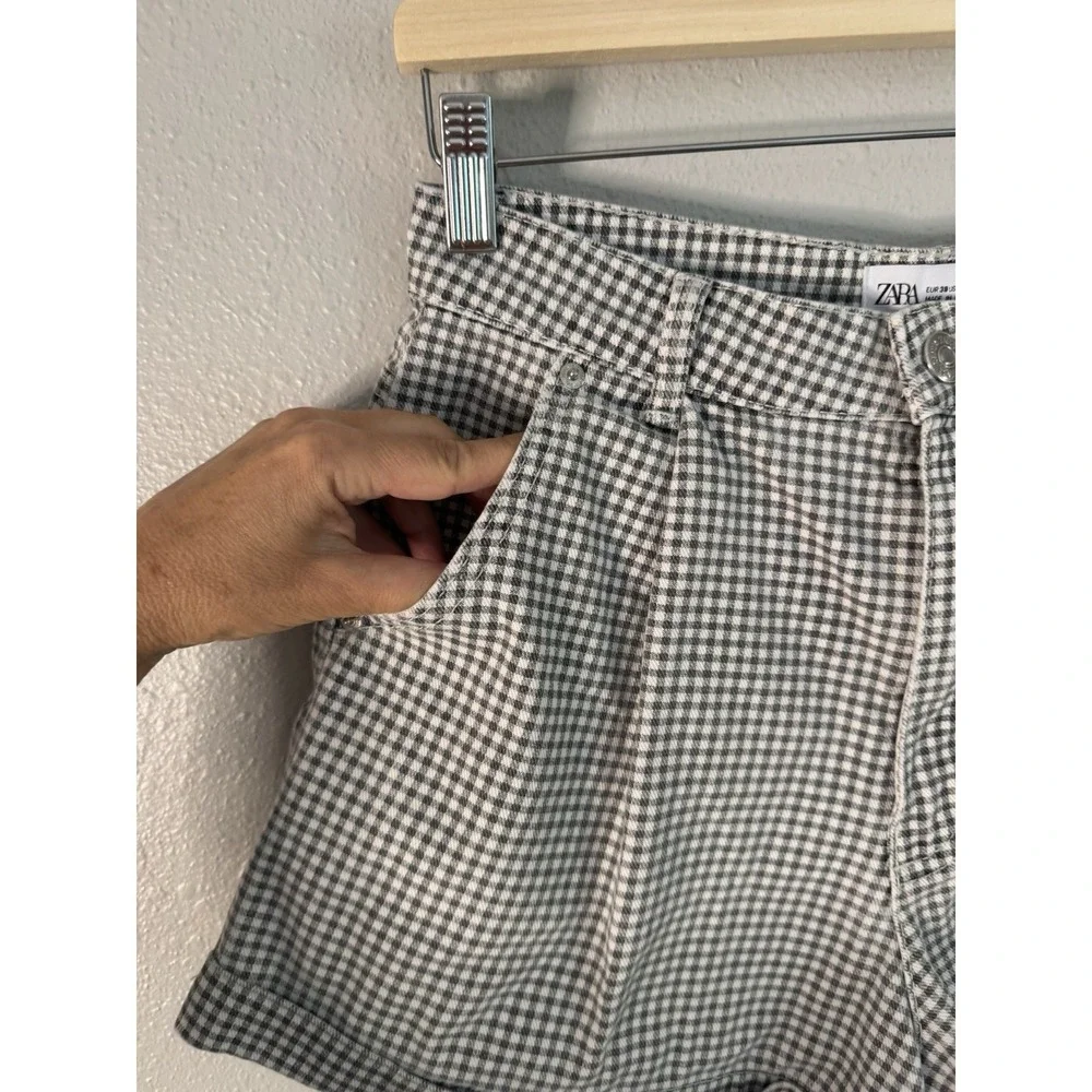 Zara Gingham Pleated High Rise Shorts‎ Cuffed Checkered French Girl Style Size 6